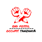 Two red fists and forearms crossed with 'End Fossil, Occupy! Tanzania' overlaid
